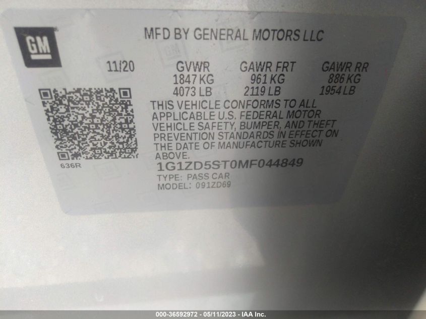 2021 CHEVROLET MALIBU LT - 1G1ZD5ST0MF044849