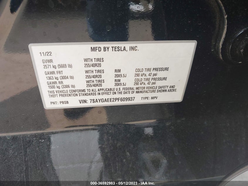 VIN 7SAYGAEE2PF609937 2023 TESLA MODEL Y LONG RANGE