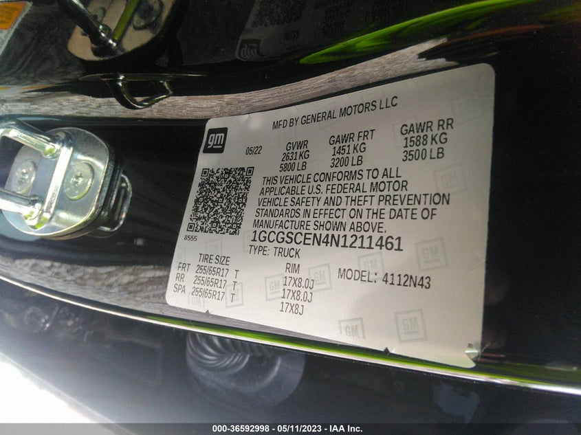 VIN 1GCGSCEN4N1211461 2022 CHEVROLET COLORADO 2WD LT