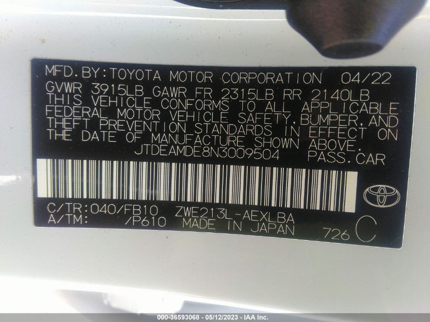 2022 TOYOTA COROLLA HYBRID LE - JTDEAMDE8N3009504