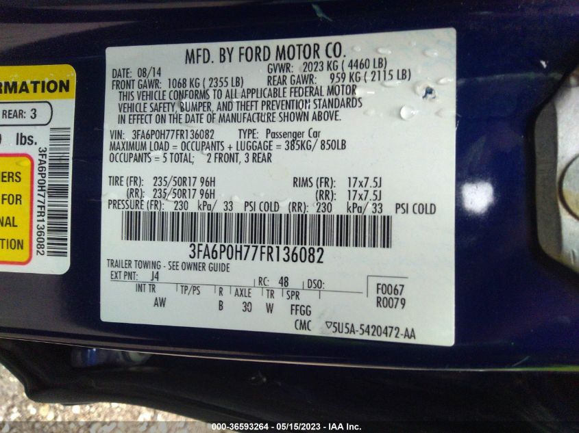 2015 FORD FUSION SE - 3FA6P0H77FR136082