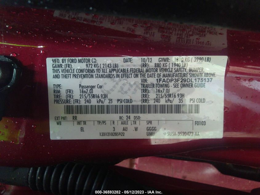 2013 FORD FOCUS SE - 1FADP3F29DL175137
