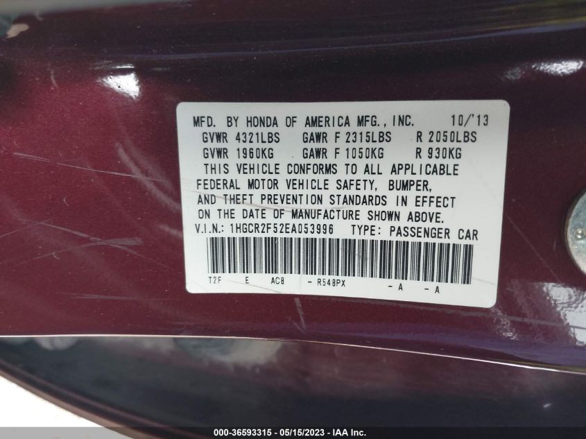 2014 HONDA ACCORD SEDAN SPORT - 1HGCR2F52EA053996