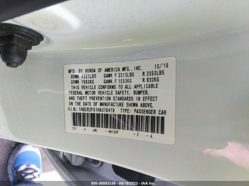 2017 HONDA ACCORD SEDAN SPORT - 1HGCR2F51HA076478