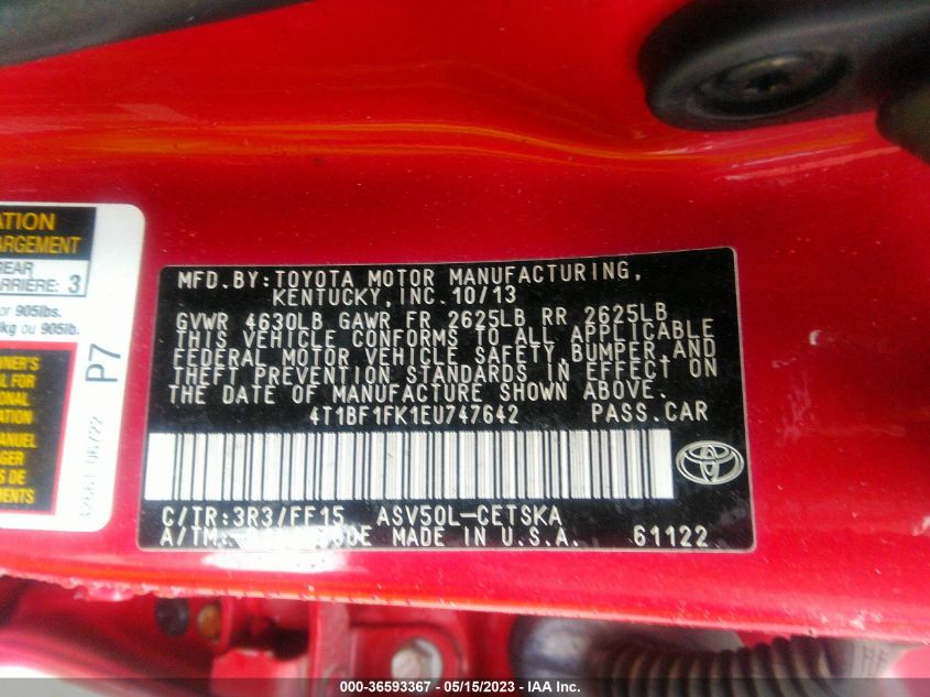 2014 TOYOTA CAMRY L/LE/XLE/SE/SE SPORT - 4T1BF1FK1EU747642
