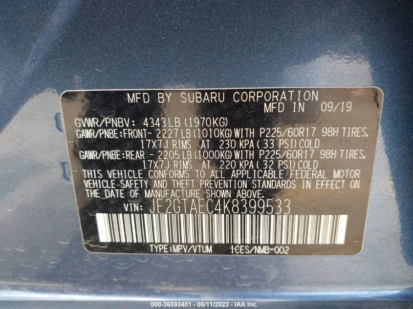 2019 SUBARU CROSSTREK PREMIUM - JF2GTAEC4K8399533