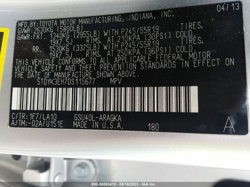 2013 TOYOTA HIGHLANDER LIMITED - 5TDYK3EH7DS115677