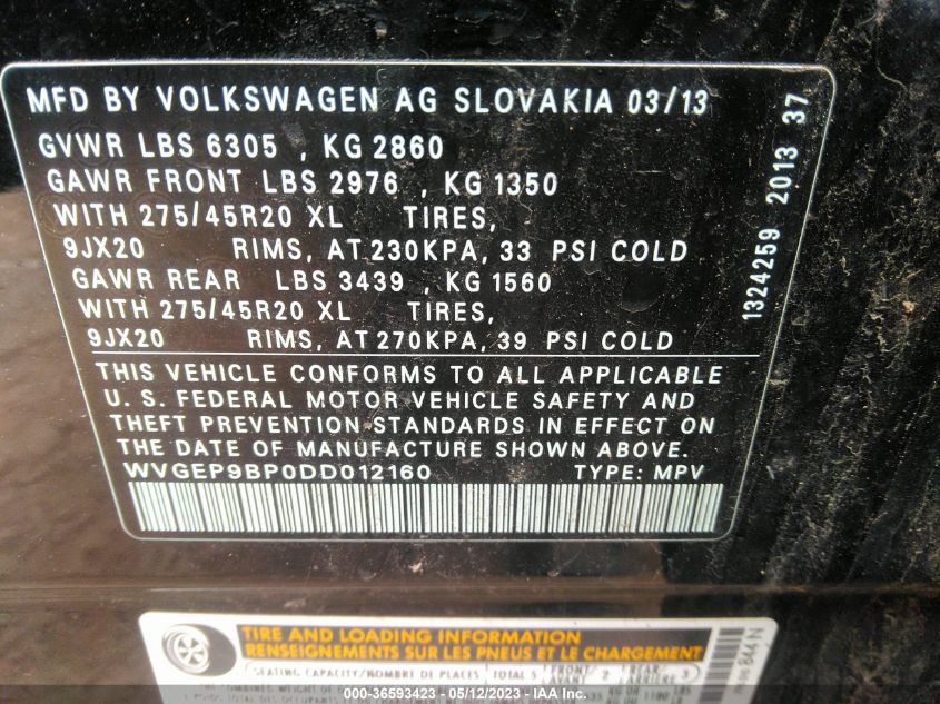 2013 VOLKSWAGEN TOUAREG EXEC WVGEP9BP0DD012160