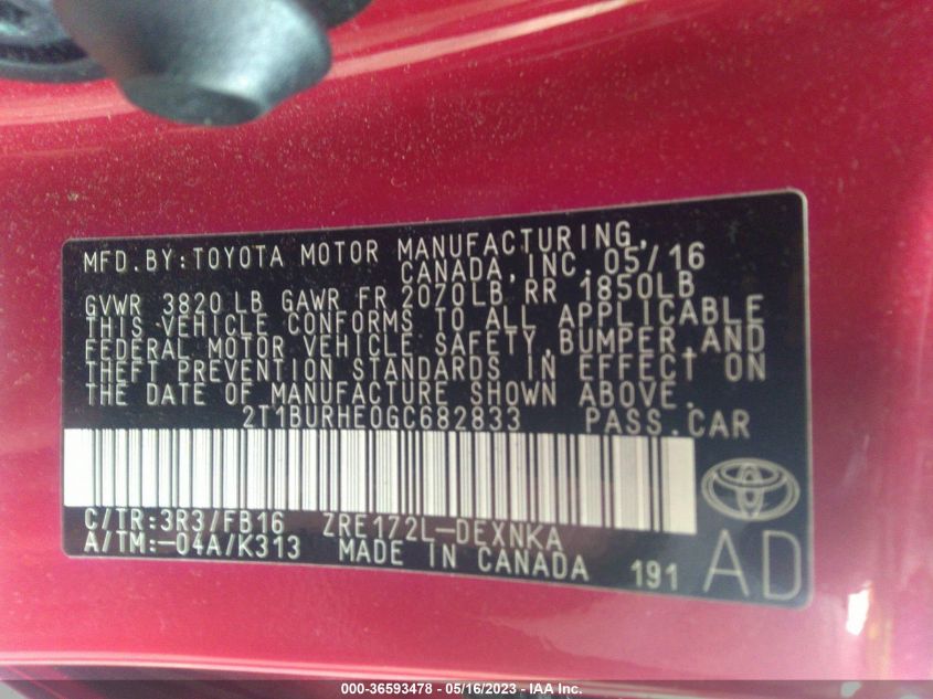 2016 TOYOTA COROLLA LE - 2T1BURHE0GC682833