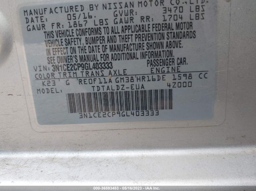 2016 NISSAN VERSA NOTE S/S PLUS/SV/SR/SL - 3N1CE2CP9GL403333
