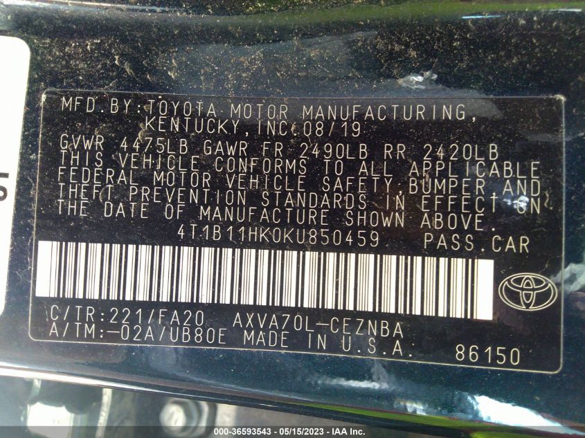 2019 TOYOTA CAMRY LE - 4T1B11HK0KU850459