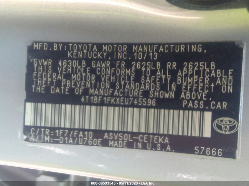 2014 TOYOTA CAMRY L/LE/XLE/SE/SE SPORT - 4T1BF1FKXEU745596