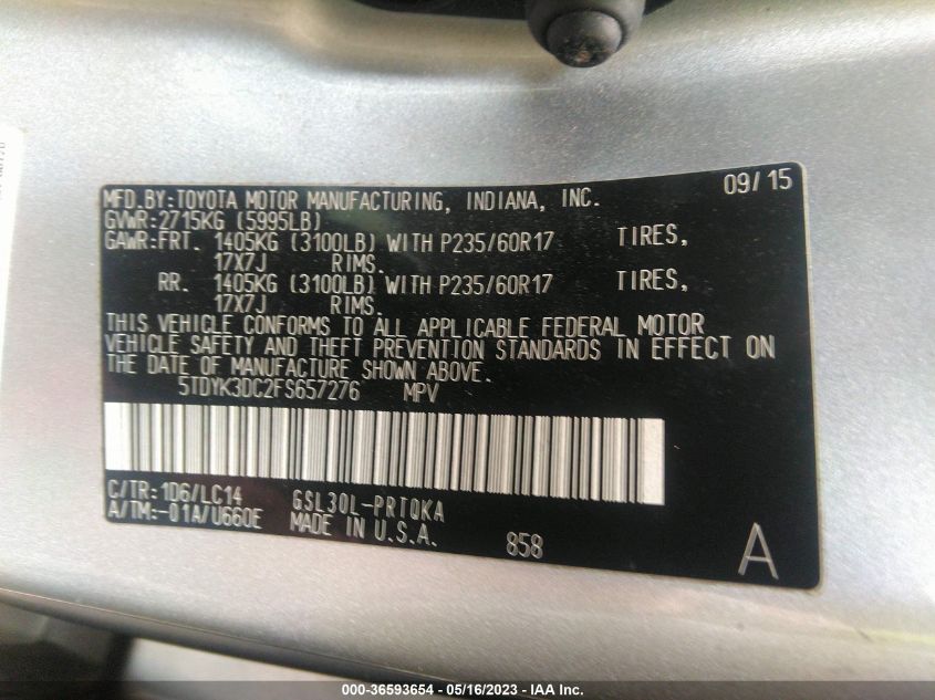 2015 TOYOTA SIENNA XLE/XLE AAS/LTD - 5TDYK3DC2FS657276