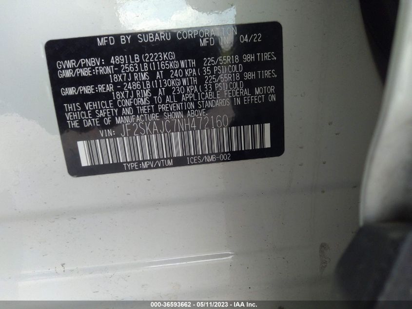 2022 SUBARU FORESTER SPORT - JF2SKAJC7NH472160