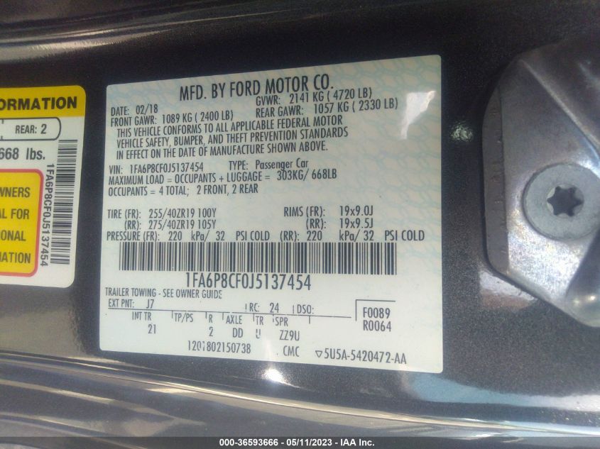 2018 FORD MUSTANG GT - 1FA6P8CF0J5137454