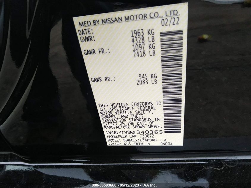 2022 NISSAN ALTIMA 2.5 SR - 1N4BL4CV8NN340365