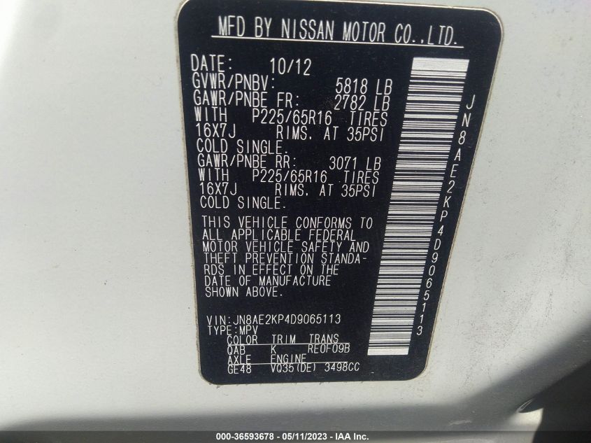 2013 NISSAN QUEST SV - JN8AE2KP4D9065113