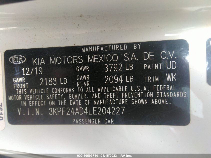 2020 KIA FORTE LXS - 3KPF24AD4LE204227