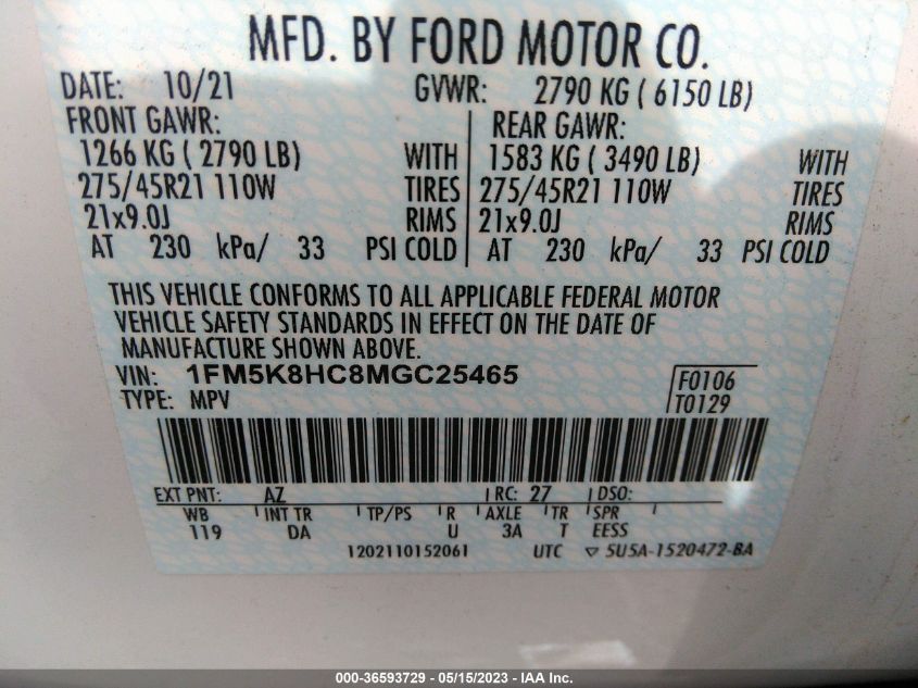 2021 FORD EXPLORER PLATINUM - 1FM5K8HC8MGC25465
