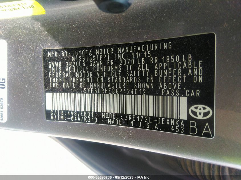 2016 TOYOTA COROLLA L/LE/S/S PLUS/LE PLUS - 5YFBURHE8GP424012