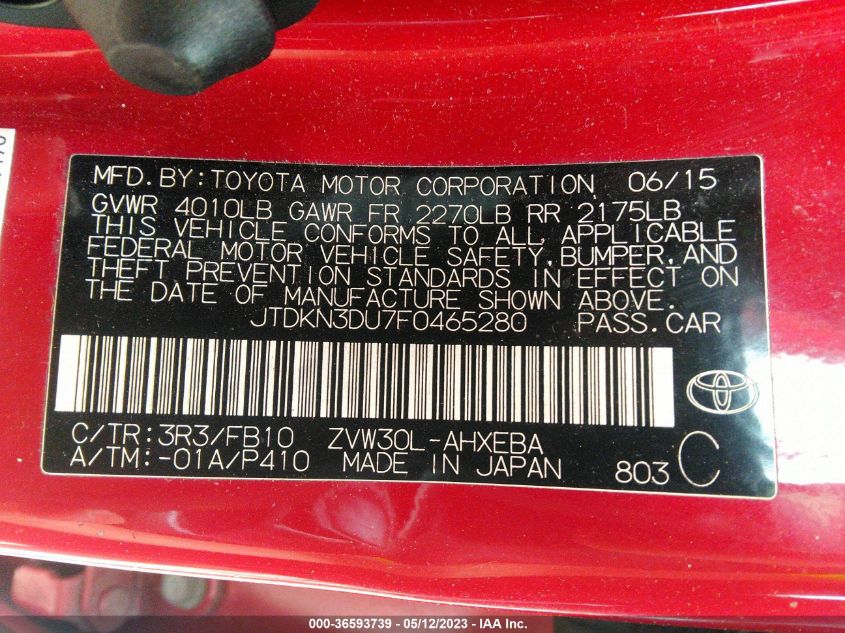 2015 TOYOTA PRIUS FOUR - JTDKN3DU7F0465280