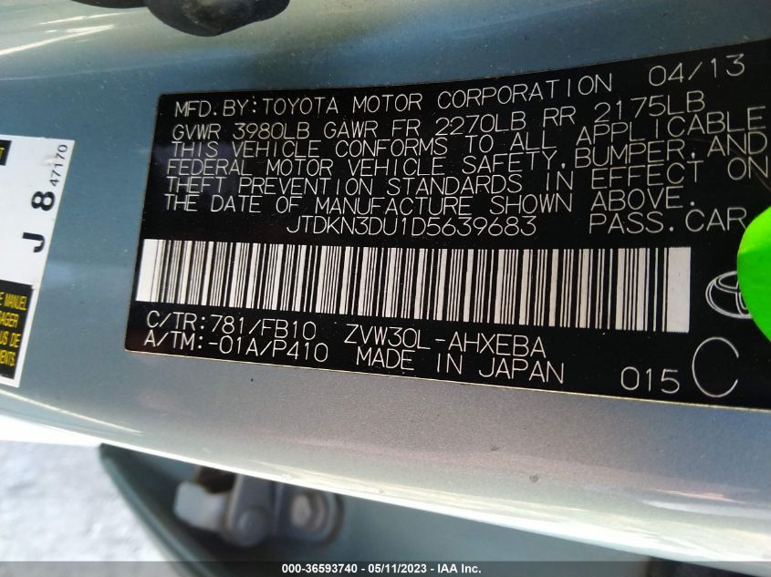 2013 TOYOTA PRIUS ONE/TWO/THREE/FOUR/FIVE - JTDKN3DU1D5639683