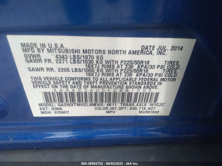 2015 MITSUBISHI OUTLANDER SPORT ES - 4A4AR3AU5FE001565