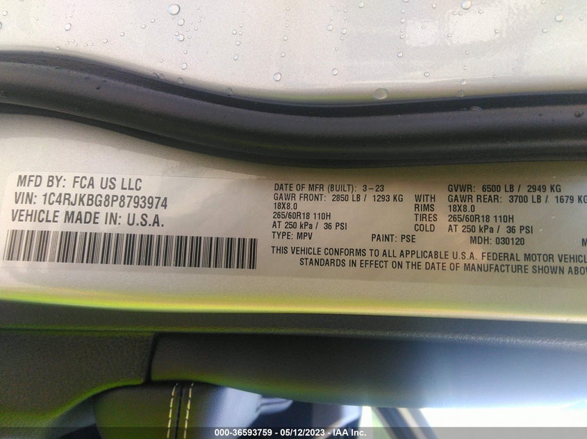 VIN 1C4RJKBG8P8793974 2023 JEEP GRAND CHEROKEE L LIMITED
