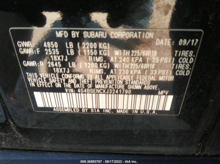 2018 SUBARU OUTBACK LIMITED - 4S4BSENCXJ3241790