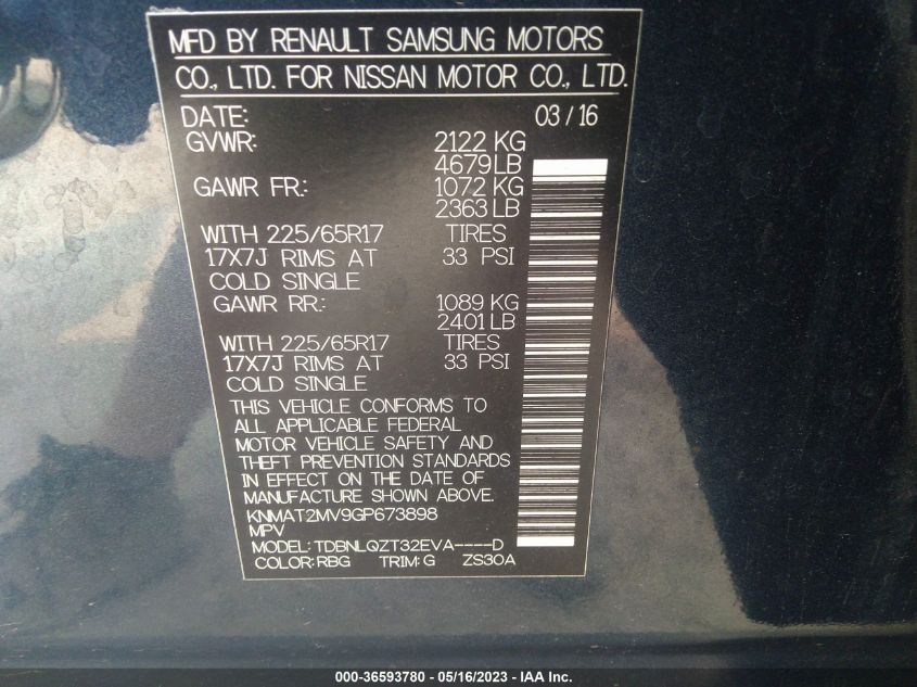 2016 NISSAN ROGUE SV - KNMAT2MV9GP673898