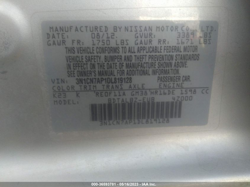 2013 NISSAN VERSA SV - 3N1CN7AP1DL819128