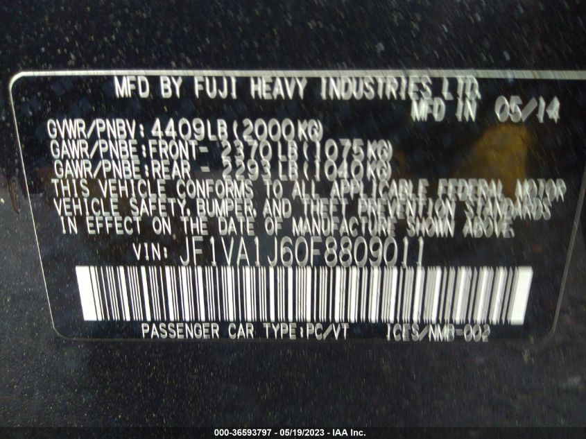 2015 SUBARU WRX LIMITED - JF1VA1J60F8809011