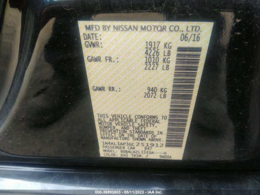 2016 NISSAN ALTIMA 2.5 SR - 1N4AL3AP3GC251912