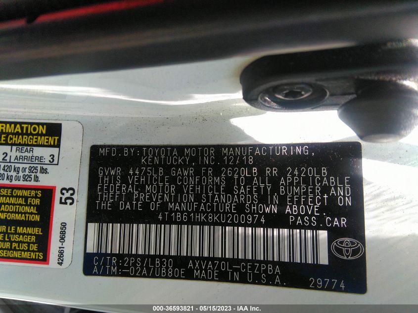 2019 TOYOTA CAMRY XSE - 4T1B61HK8KU200974