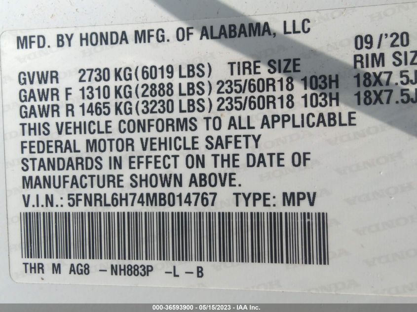 2021 HONDA ODYSSEY EX-L - 5FNRL6H74MB014767