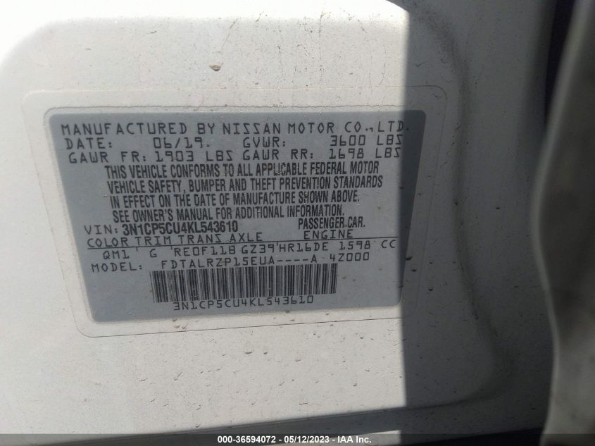 2019 NISSAN KICKS S - 3N1CP5CU4KL543610