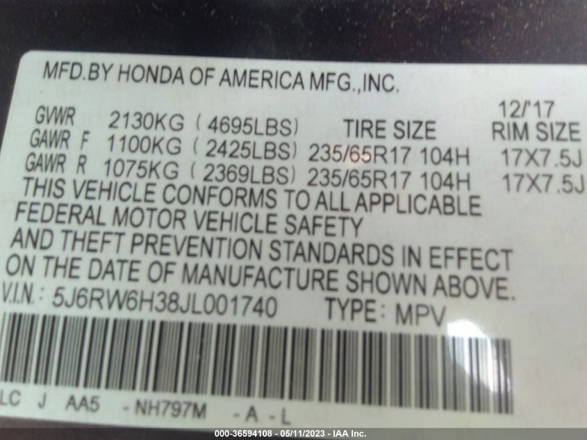 2018 HONDA CR-V LX - 5J6RW6H38JL001740