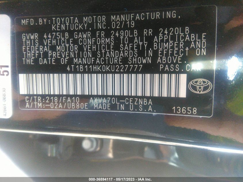 2019 TOYOTA CAMRY LE/SE/XLE/L - 4T1B11HK0KU227777