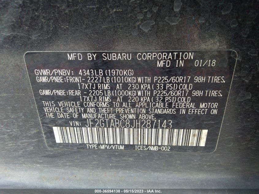 2018 SUBARU CROSSTREK PREMIUM - JF2GTABC8JH287143