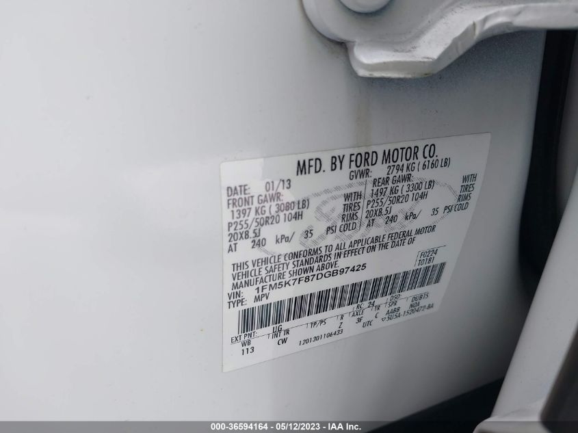 2013 FORD EXPLORER LIMITED - 1FM5K7F87DGB97425