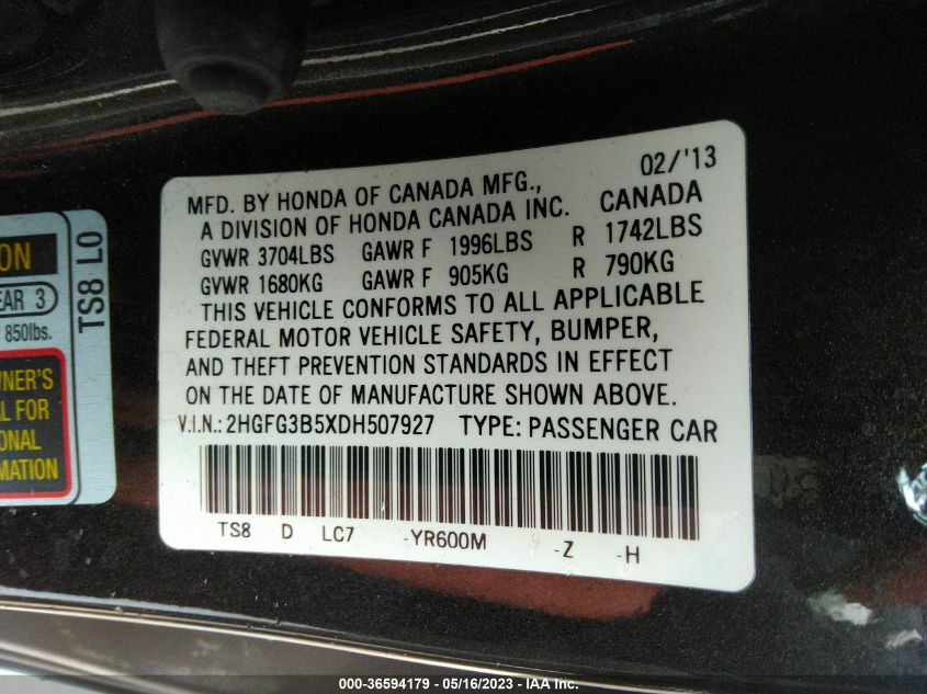 2013 HONDA CIVIC CPE LX - 2HGFG3B5XDH507927