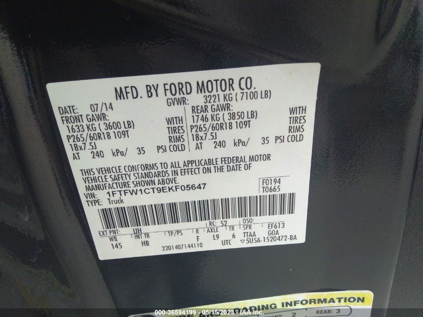 2014 FORD F-150 XL/XLT/FX2/LARIAT - 1FTFW1CT9EKF05647