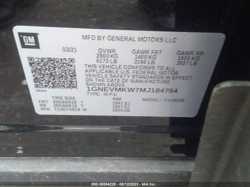 VIN 1GNEVMKW7MJ184764 2021 CHEVROLET TRAVERSE LT CLOTH