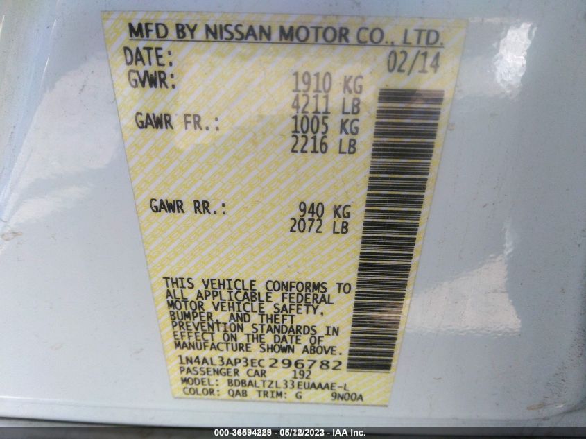2014 NISSAN ALTIMA 2.5 SV - 1N4AL3AP3EC296782