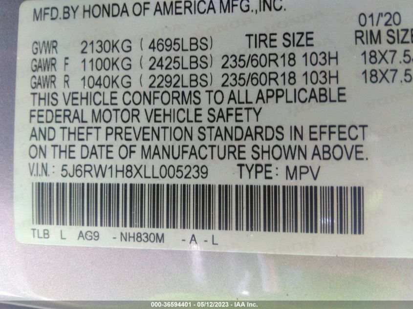 2020 HONDA CR-V EX-L - 5J6RW1H8XLL005239