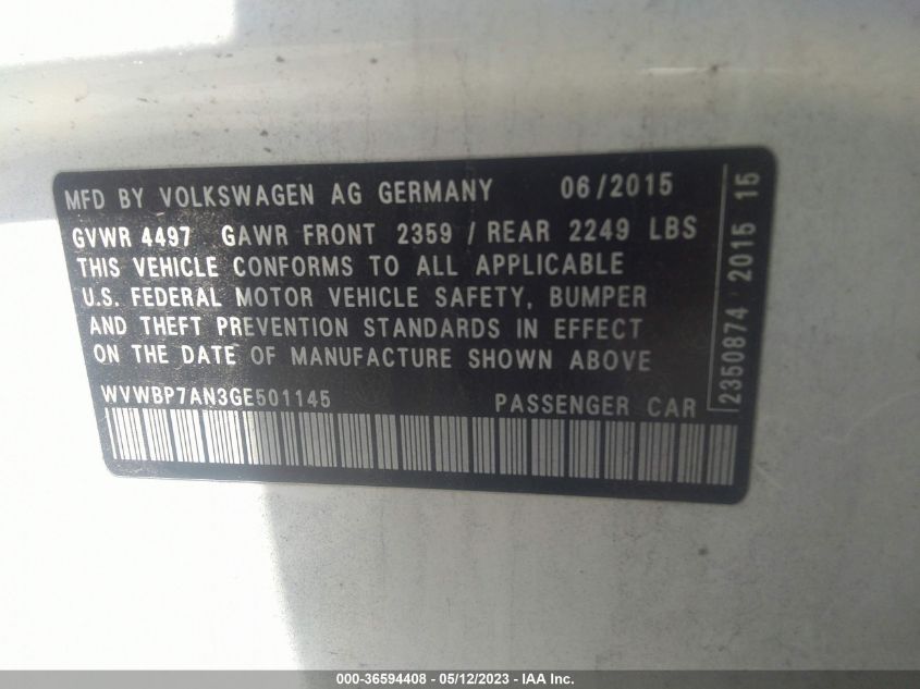 2016 VOLKSWAGEN CC R-LINE - WVWBP7AN3GE501145