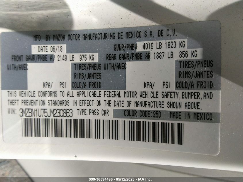 2018 MAZDA MAZDA3 4-DOOR SPORT 3MZBN1U75JM230863