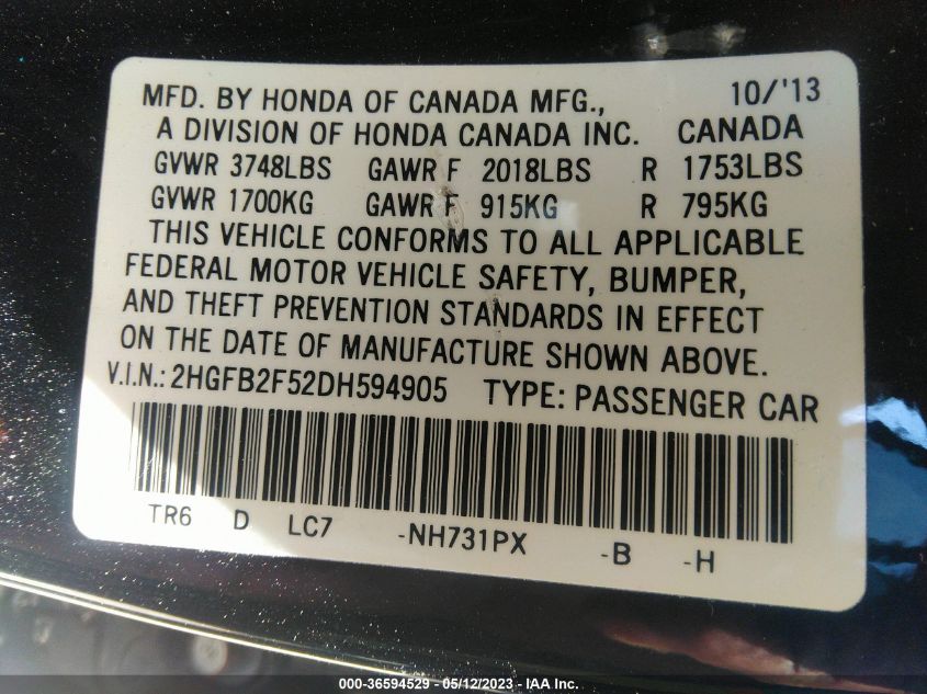 2013 HONDA CIVIC SDN LX - 2HGFB2F52DH594905