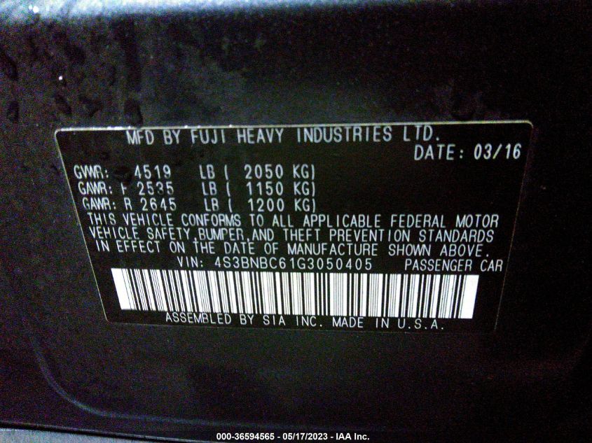 2016 SUBARU LEGACY 2.5I PREMIUM - 4S3BNBC61G3050405