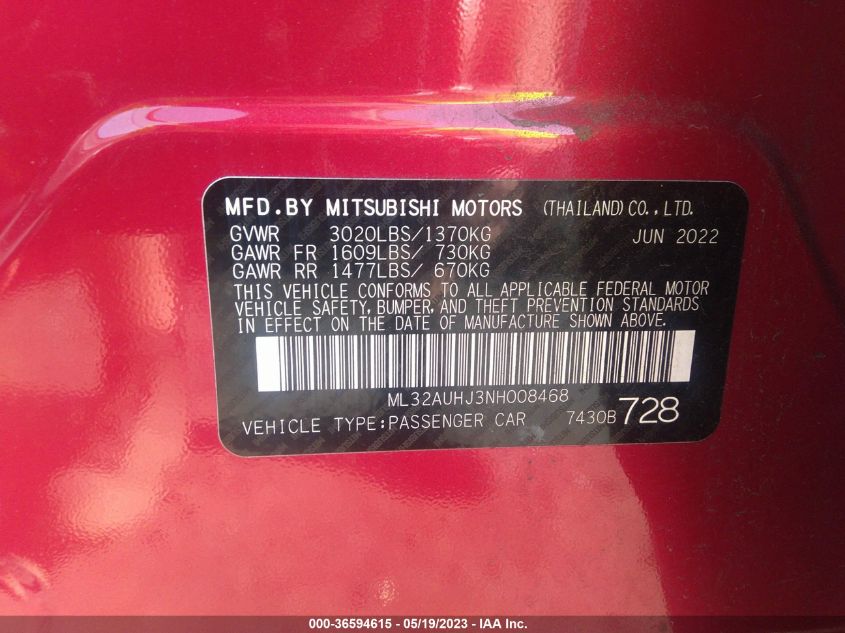 2022 MITSUBISHI MIRAGE ES/LE - ML32AUHJ3NH008468